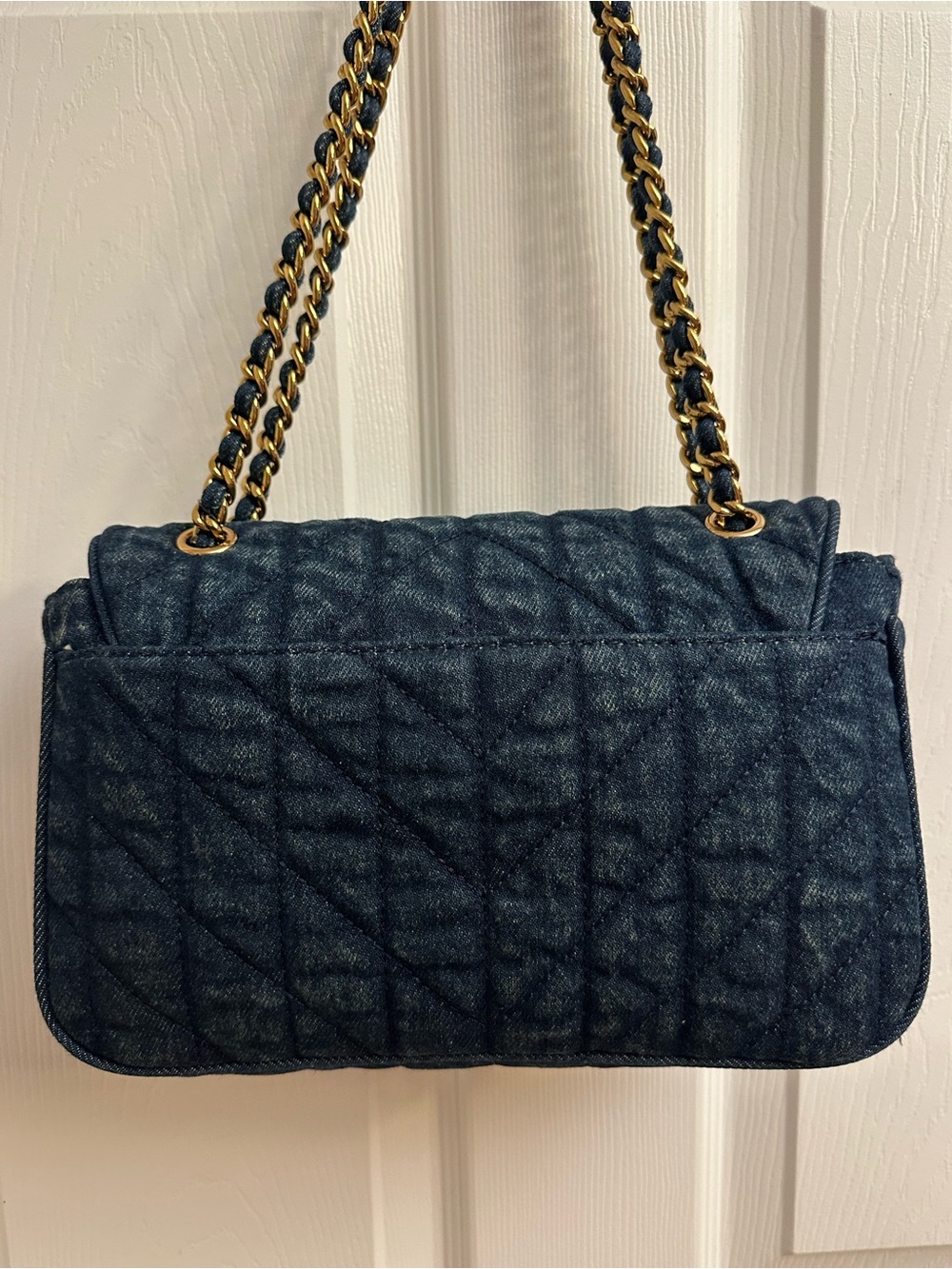 Karl Lagerfeld Quilted Blue Denim Chain Shoulder Bag with Eiffel Charm - Picture 5 of 16